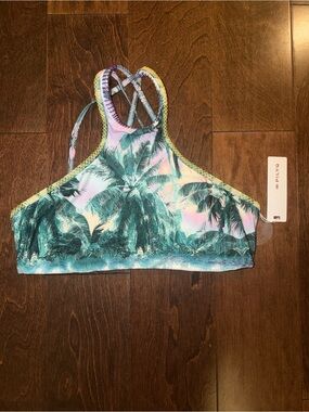 Pilyq Palm-Print High Neck Bikini Top - Teal & Pink